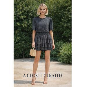 IRO Paris Cuzco Silver Metallic Tiered Mini Dress NEW Large